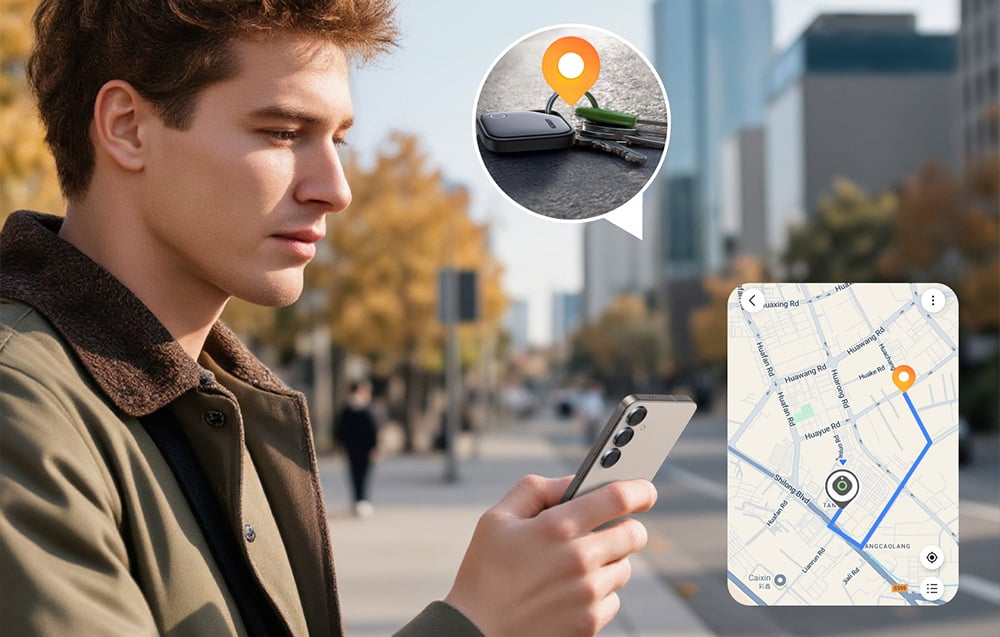 Ein Mann hält ein Smartphone in der Hand, daneben eine Karte
