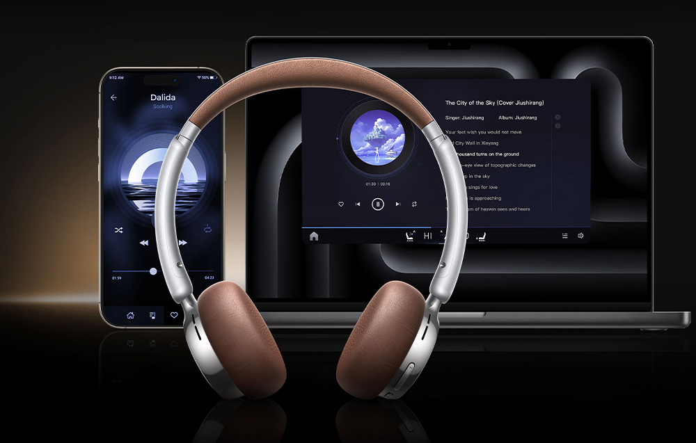 Headphones on the background of a laptop and smartphone