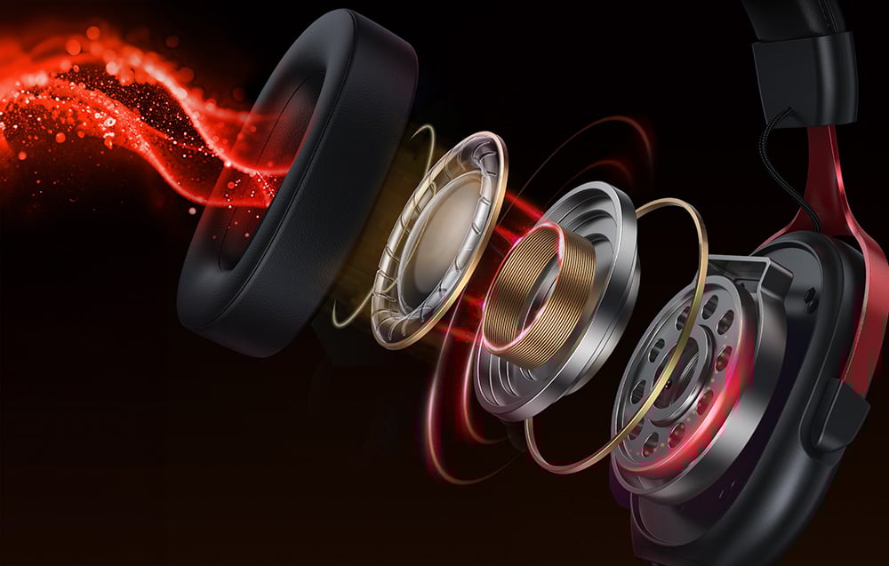 Rozłożony na części przekrój słuchawki pokazujący wewnętrzne elementy konstrukcji i przetwornik dźwięku.