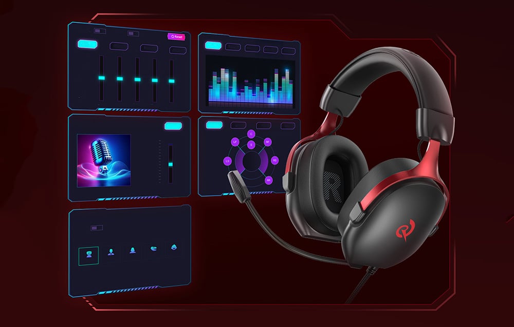 Słuchawki z mikrofonem na tle interfejsu oprogramowania z ustawieniami dźwięku i korektorem graficznym.
