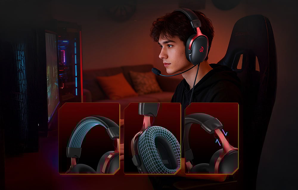 Mężczyzna grający na komputerze w słuchawkach z mikrofonem, z trzema wstawkami pokazującymi dopasowanie słuchawek.