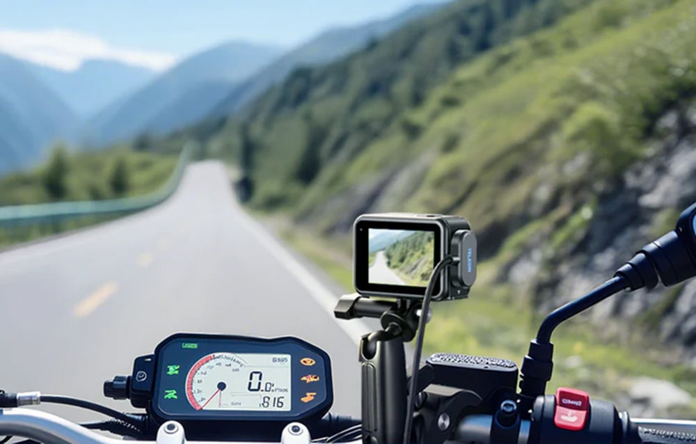 Kamera mit magnetischem Adapter, die am Lenker eines Motorrads befestigt ist, im Hintergrund Berge