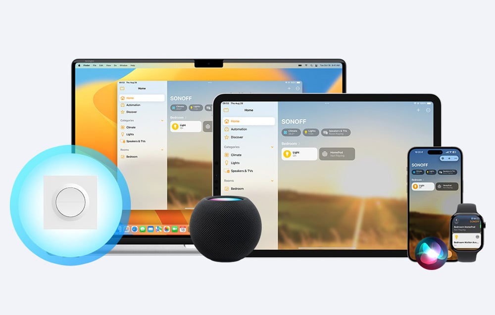 Ekosystem SONOFF Matter ze wszystkimi urządzeniami Apple - MacBook, iPad, iPhone, Apple Watch i HomePod z aplikacją sterującą