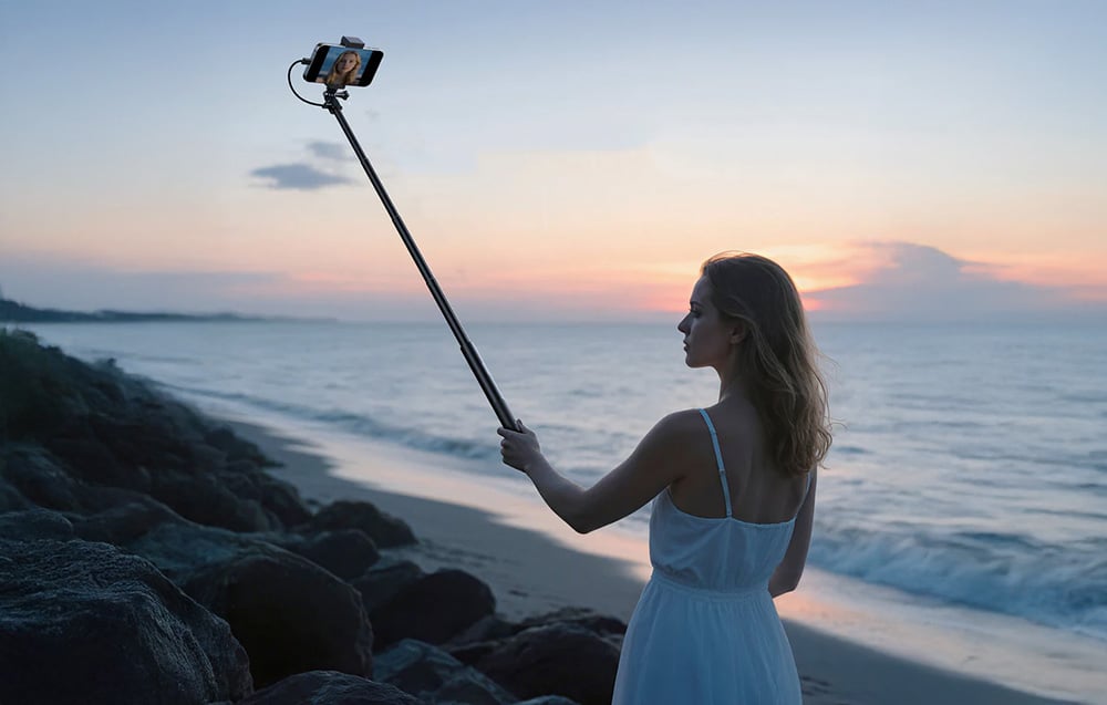 Kobieta na plazy w białej sukience trzyma w dłoni selfie stick ze smartfonem