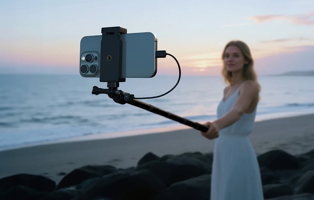 Kobieta stoi na plaży i trzyma w dłoni selfie stick ze smartfonem