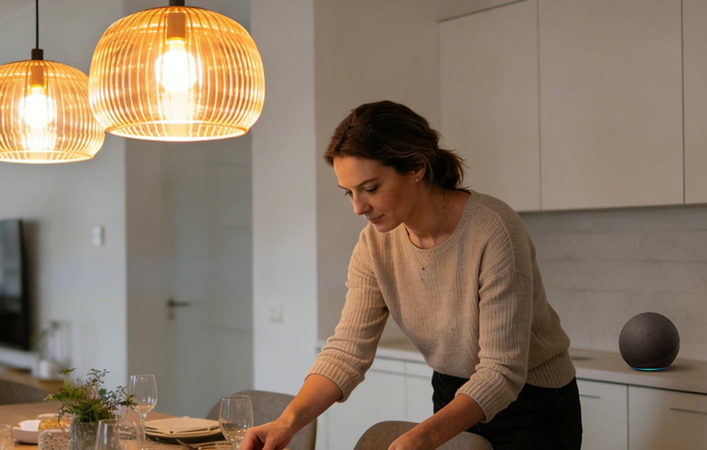 Kobieta nakrywająca do stołu w przytulnie oświetlonej kuchni z głośnikiem Amazon Echo