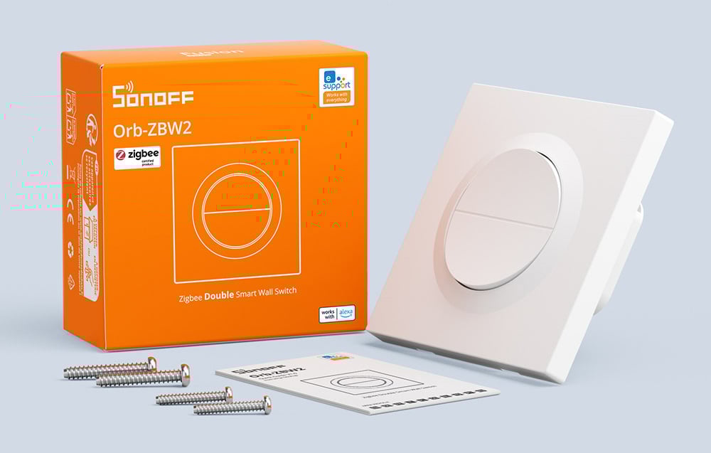 Pomarańczowe opakowanie SONOFF Orb-ZBW2 z dwukanałowym przełącznikiem Zigbee, śrubami montażowymi i instrukcją