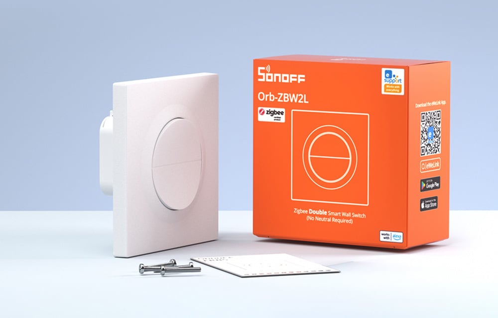 Biały dwukanałowy przełącznik ścienny SONOFF Orb-ZBW2L z pudełkiem, śrubami montażowymi i instrukcją na niebieskim tle
