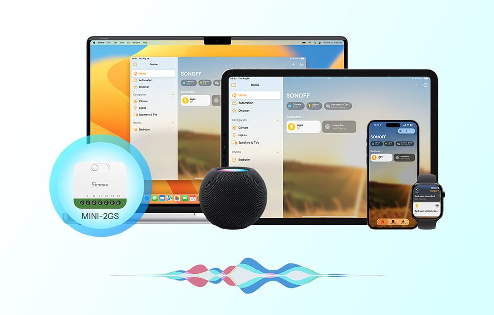 Przełącznik MINI-2GS kompatybilny z Apple Home, wyświetlony na ekranach komputera Mac, iPada, iPhone'a i Apple Watch, wraz z głośnikiem HomePod