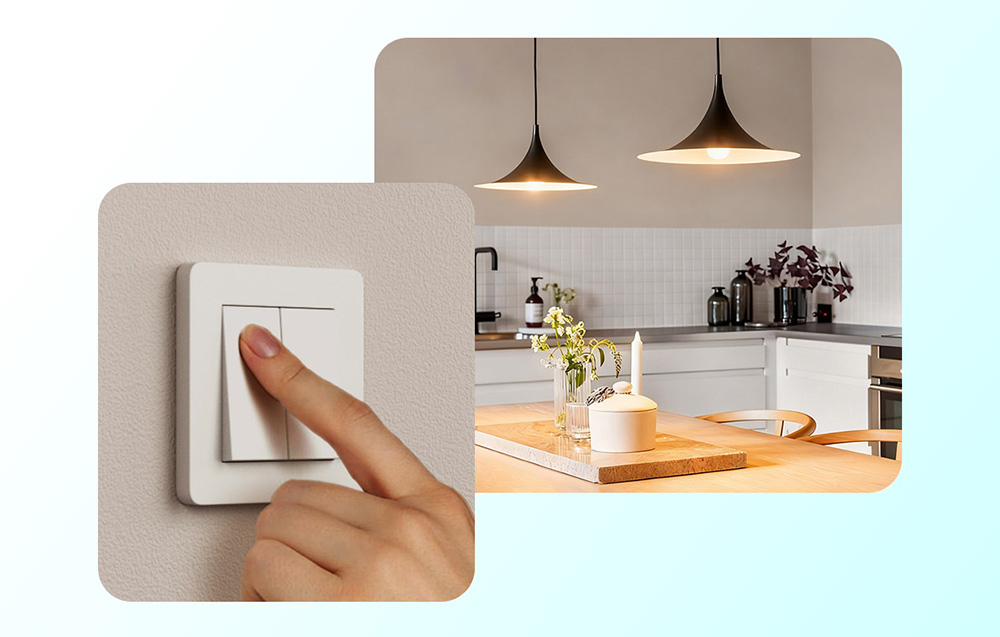 Zbliżenie na palec naciskający klasyczny włącznik światła i oświetlona jadalnia w tle