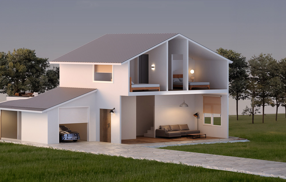 Wizualizacja domu z widocznym oświetleniem w kilku pomieszczeniach wewnętrznych i zewnętrznych