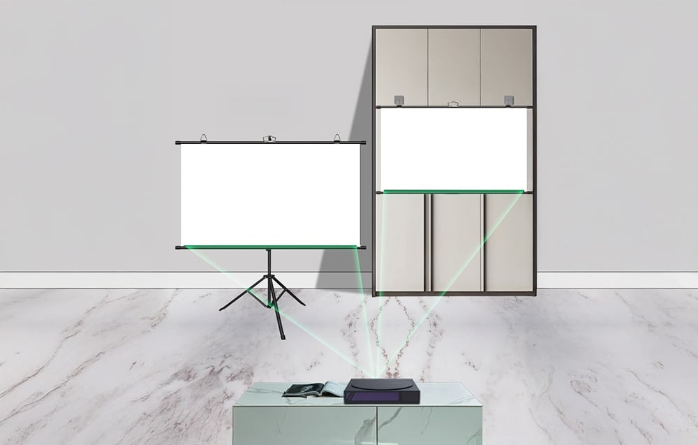 Two Blitzwolf BW-VS12 projector screens side by side, one set up on a stand, the other hung on hooks.