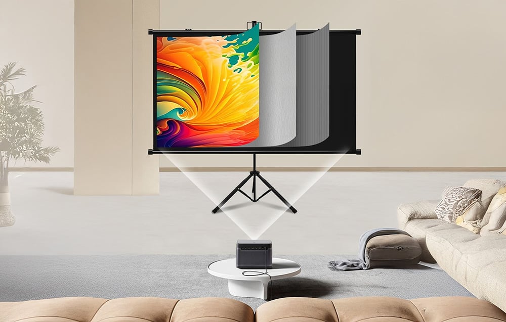 Blitzwolf BW-VS12 projector screen showing the layers it is made of, set against a living room background.