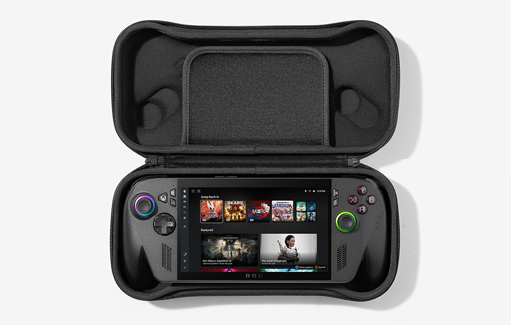 Black console in a black, open case on a white background