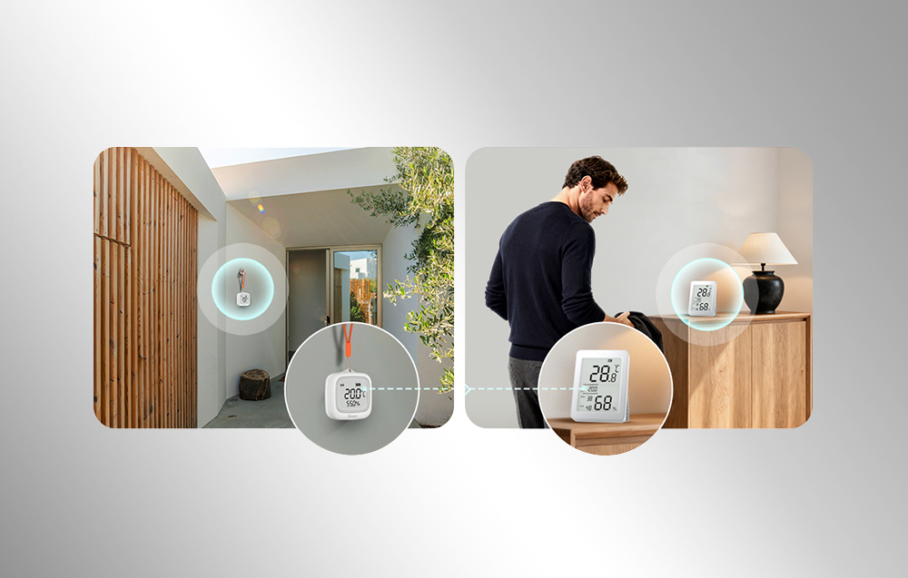 Dwa czujniki monitorujące temperaturę w strefie zewnętrznej i przy wejściu do domu z podglądem danych na ekranie.