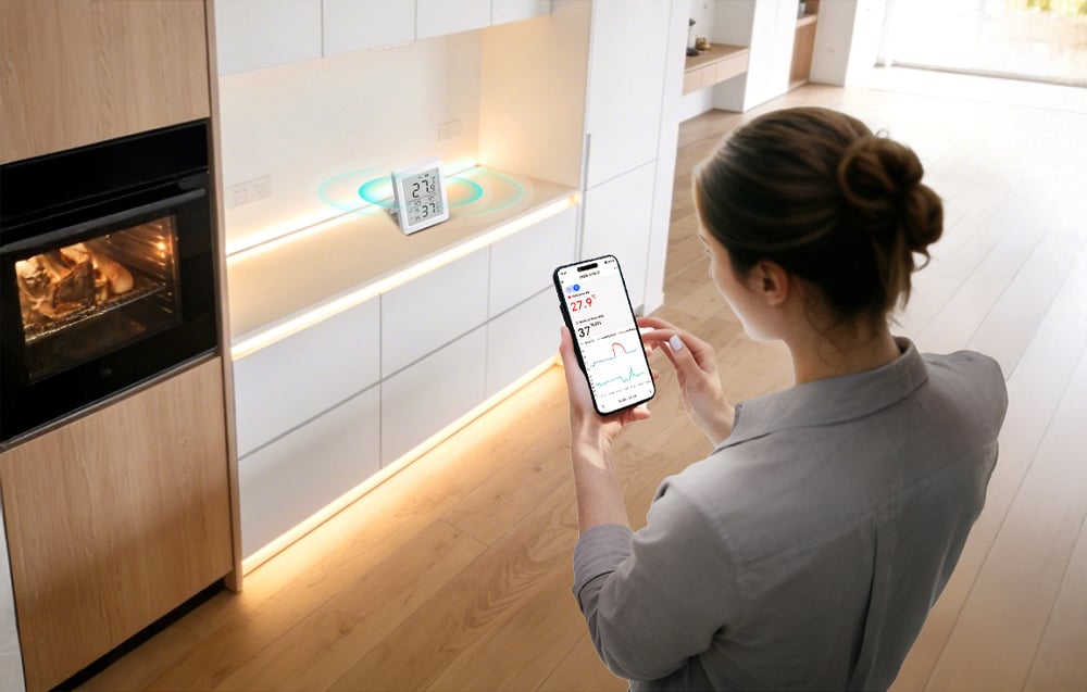 Kobieta sprawdza parametry powietrza w aplikacji, a czujnik stoi na podświetlanej półce w kuchni.