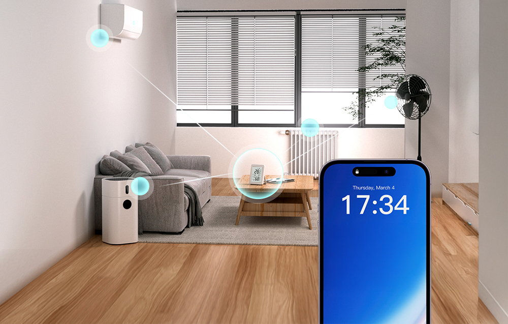 Salon z klimatyzacją i oczyszczaczem powietrza sterowanymi automatycznie przez czujnik temperatury i wilgotności.