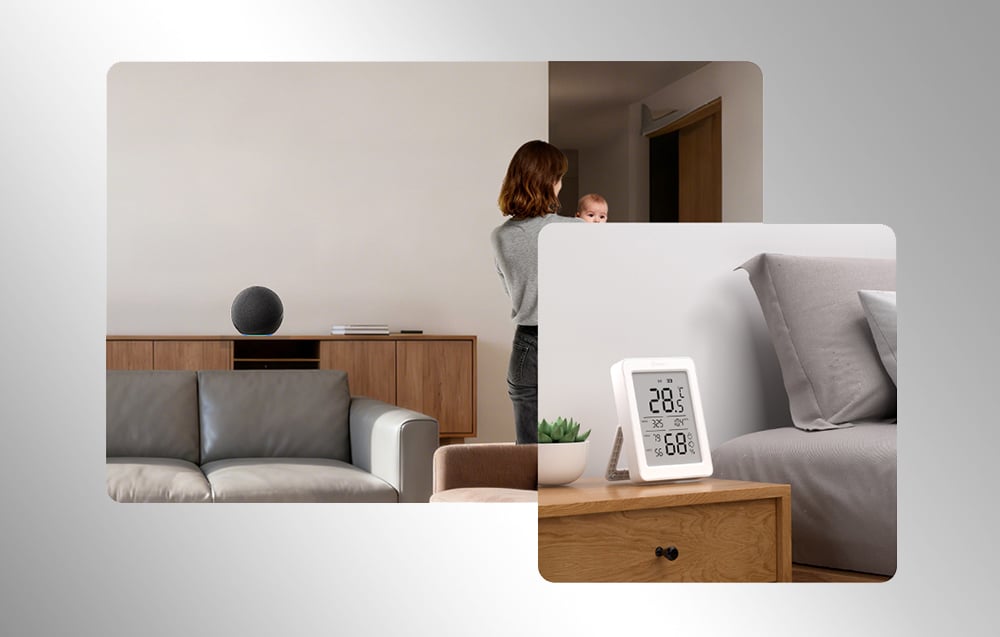 Czujnik Sonoff ustawiony na stoliku nocnym w sypialni obok łóżka, widoczny pomiar temperatury i wilgotności.