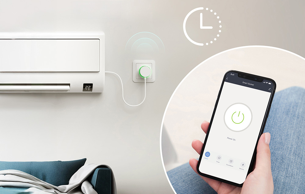 phone with app and smart plug connected to an air conditioner