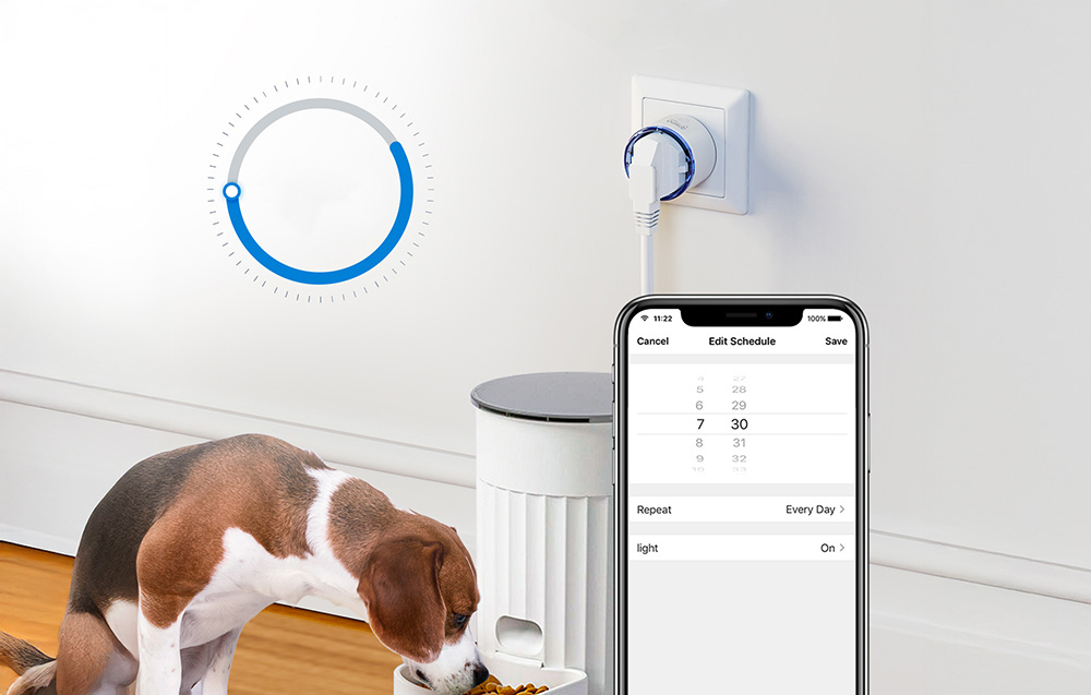 phone with timer and smart plug connected to a dog feeder