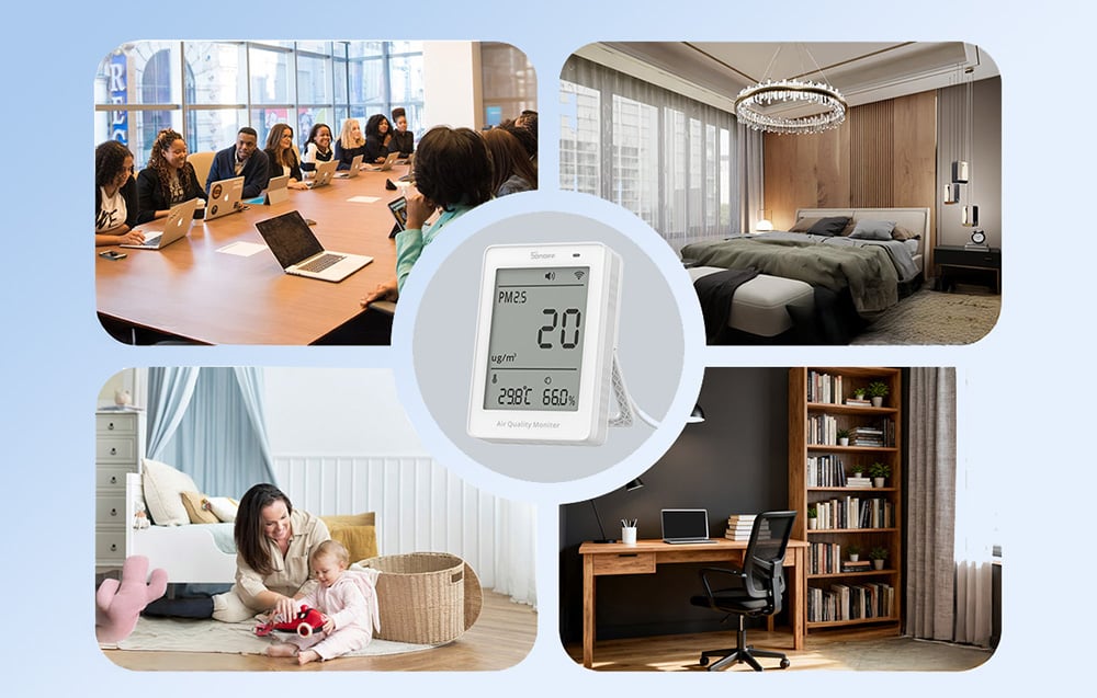 Miernik jakości powietrza Sonoff, a wokół pomieszczenia, w których może być używany: biuro, sypialnia, pokój dziecięcy i biuro w domu