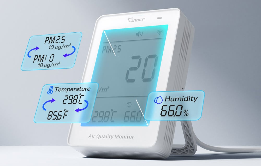 Miernik jakości powietrza Sonoff z wyświetlaczem na białym stoliku