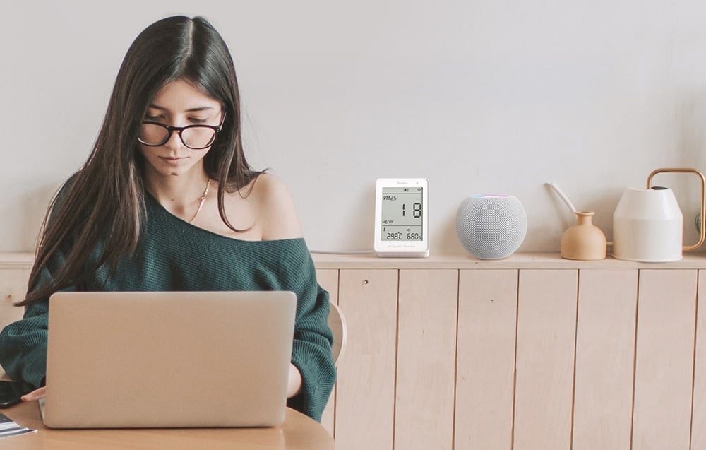 Kobieta w okularach pracuje przed laptopem, za nią na półce miernik jakości powietrza i asystent głosowy