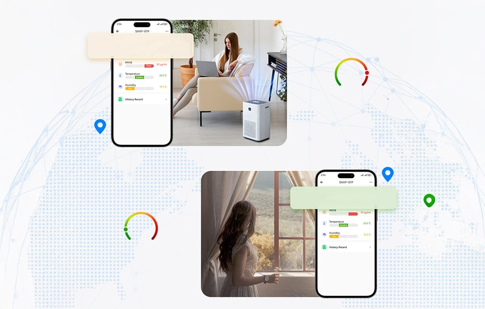 2 kobiety w różnych pomieszczeniach: w salonie i w pokoju przy oknie. Obok smartfony z włączoną aplikacją Sonoff