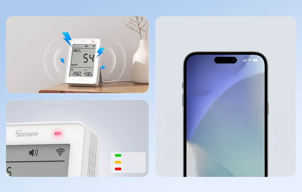 Miernik jakości powietrza wydający sygnał dźwiękowy, na zdjęciu poniżej zbliżenie na wskaźniki świetlne miernika, a obok smartfon