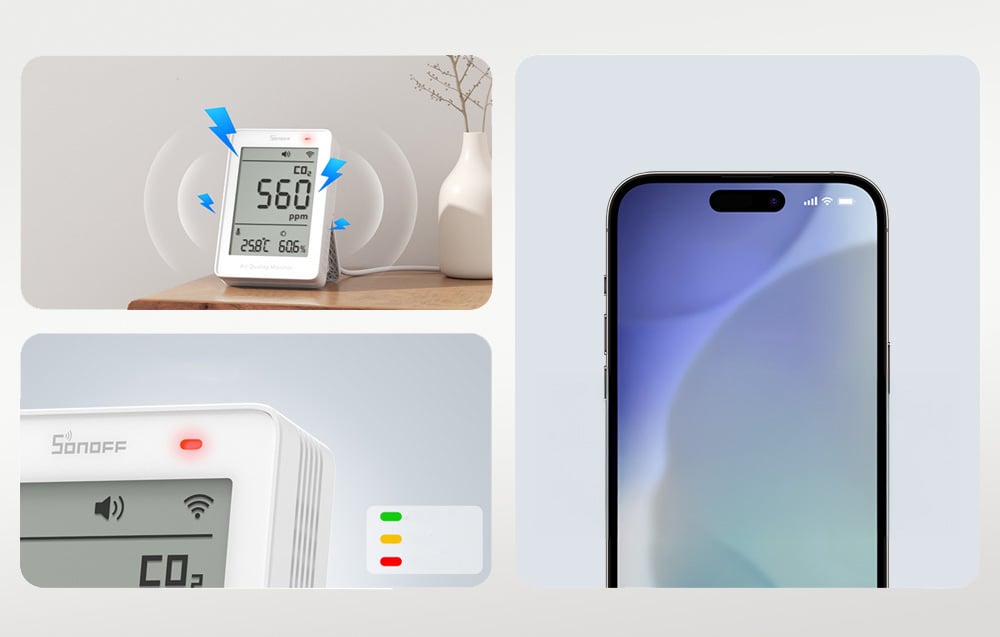 3 sposoby powiadomień miernika jakości powietrza: alarm dźwiękowy, świetlny i alerty w telefonie