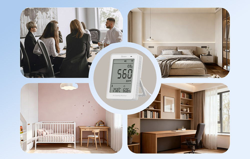 Miernik jakości powietrza, wokół pomieszczenia, w kórych może być używany, np. biurze lub pokoju dziecka