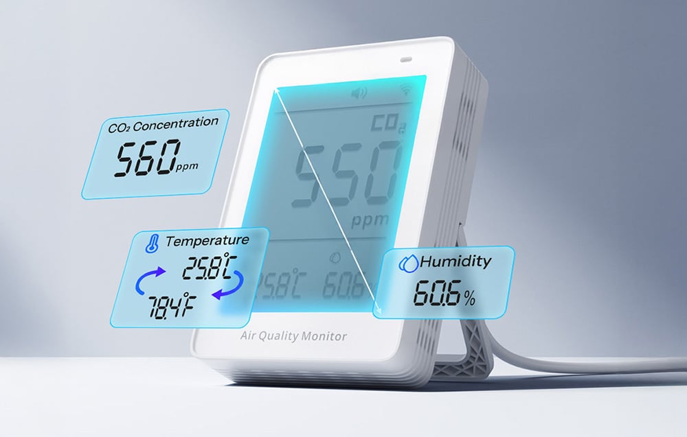 Miernik jakości powietrza z wyświetlaczem LCD na jasnym tle