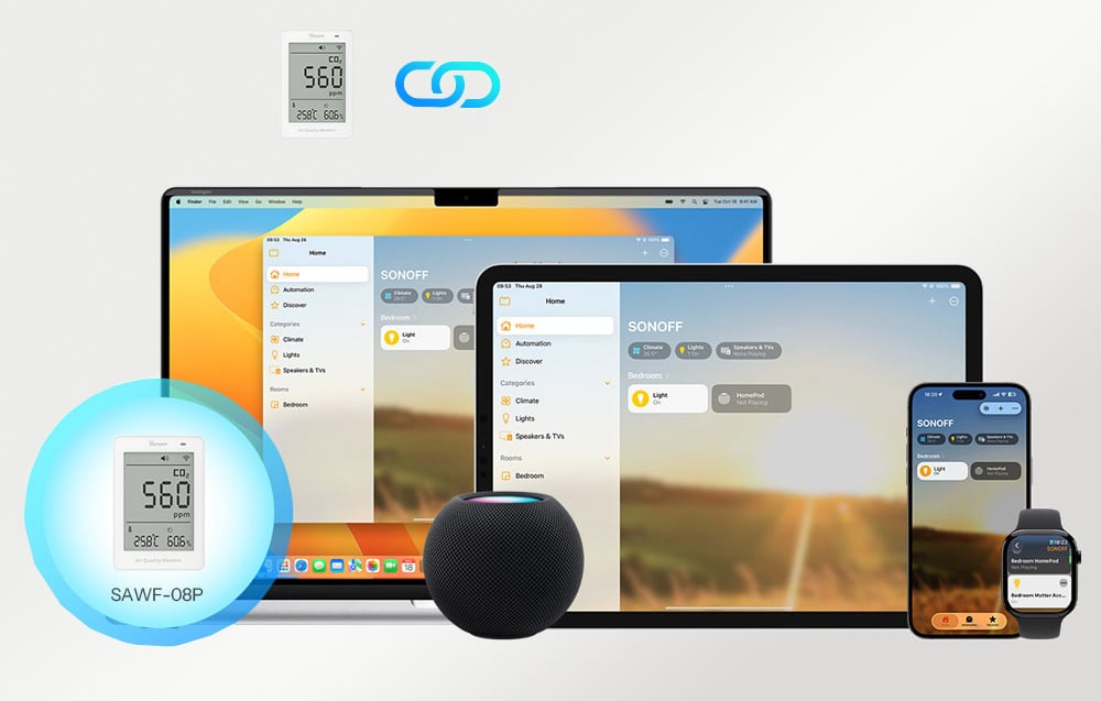 Miernik jakości powietrza Sonoff obok kompatybilnych urządzeń np. smartfona, laptopa i asystenta głosowego