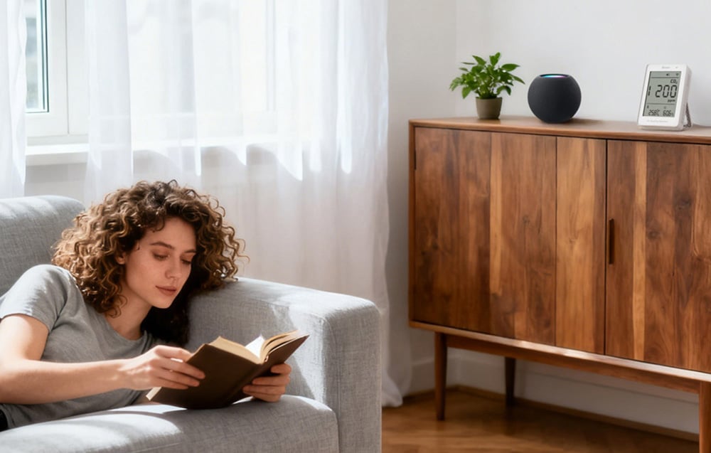 Kobieta w kręconych włosach leży na kanapie i czyta książkę, po prawej na drewnianej komodzie znajdują się miernik jakości powietrza, asystent głosowy i roślina w doniczce