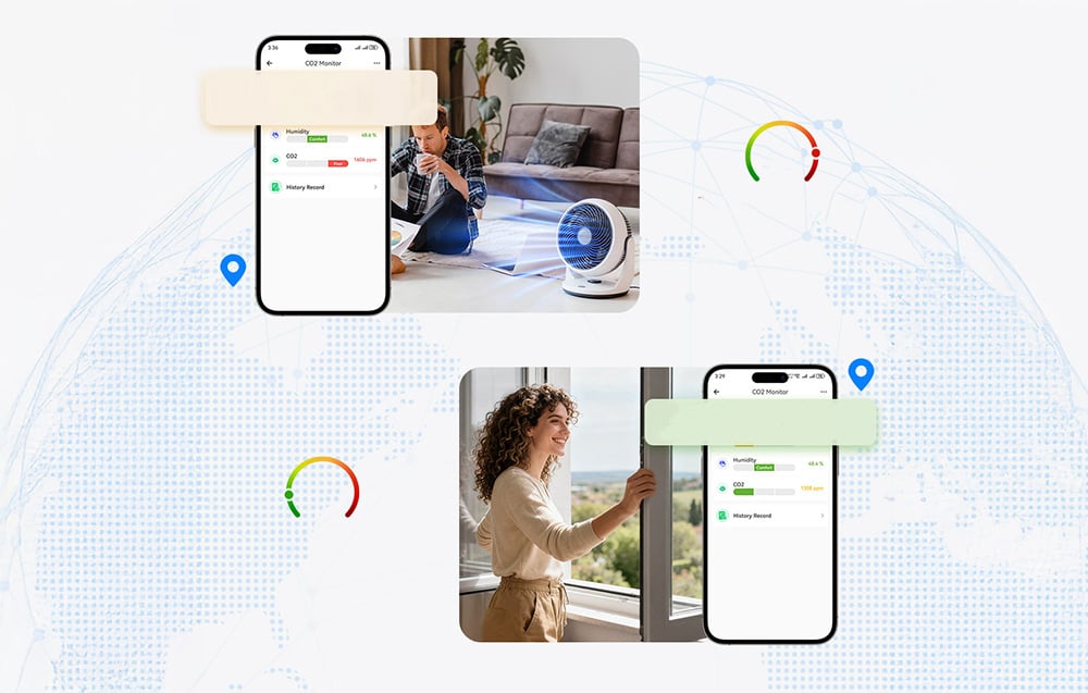 Mężczyzna pije herbatę w salonie, na zdjęciu poniżej uśmiechnięta kobieta wygląda przez okno, obok smartfony z włączoną aplikacją