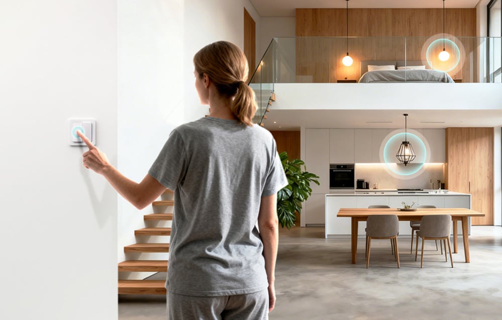 Kobieta w szarym ubraniu włącza światło w kuchni i sypialni