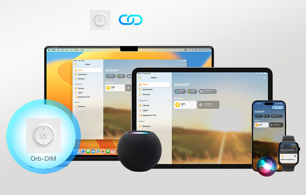 Przełącznik ścienny Sonoff obok kompatybilnych urządzeń, w tym laptopa i asystenta głosowego