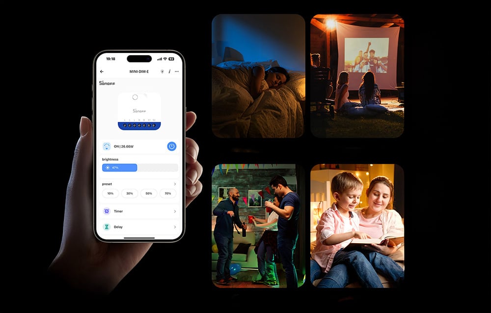 Trzymany w dłoni smartfon z włączoną aplikacją Sonof, po prawej różne pomieszczenia, w którym może być zastosowany