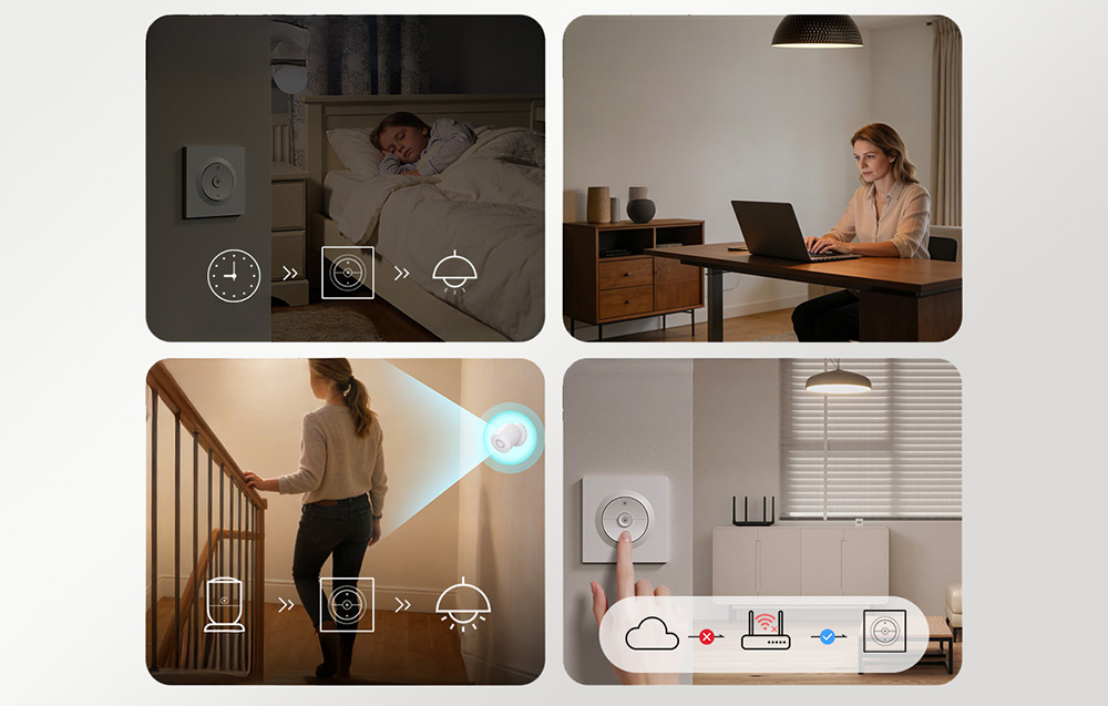 Przełącznik ścienny w różnych pomieszczeniach, np. sypialni, biurze, czy na schodach