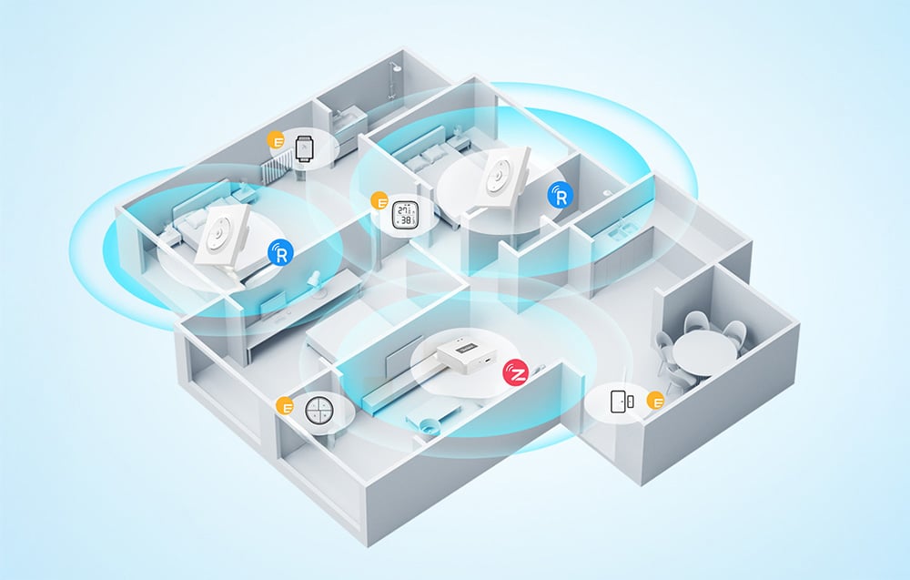 Plan mieszkania z podziałem na pomieszczenia, w których znajdują się inteligentne urządzenia połączone ze sobą 