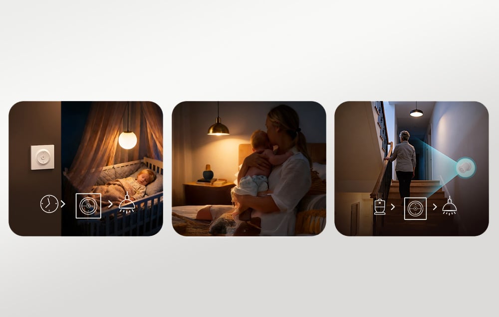 3 zdjęcia prezentujące zastosowanie przełącznika Sonoff dzięki funkcji harmonogramu i scen