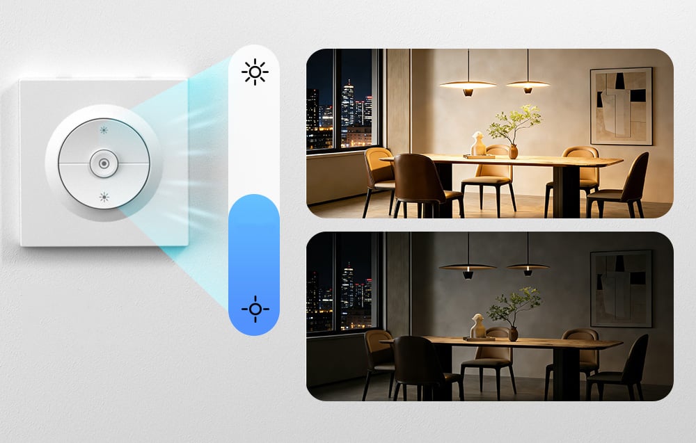 Przełącznik ścienny z możliwością regulacji jasności, po prawej jadalnia z mocnym światłem i z delikatnym oświetleniem