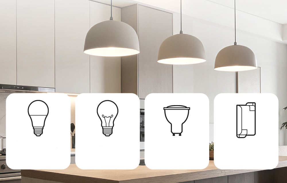 3 zapalone lampy nad wyspą kuchenną, poniżej rodzaje żarówek kompatybilnych z pzełącznikiem