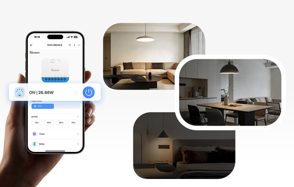 Trzymany w dłoni smartfon z aplikacją Sonoff, po prawej 3 pomieszczenia z zapalonym światłem