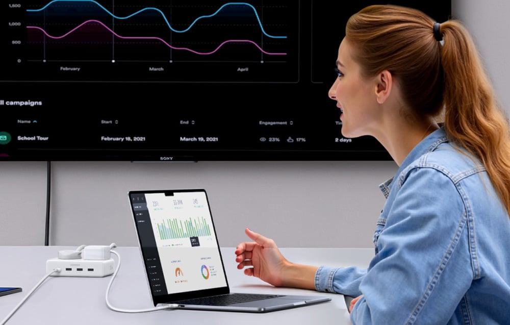 Kobieta pracująca przy laptopie i dużym monitorze, korzystająca z wieloportowej ładowarki na biurku.