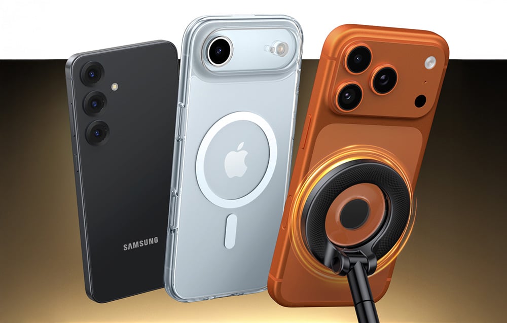 uchwyt magnetyczny oraz trzy smartfony