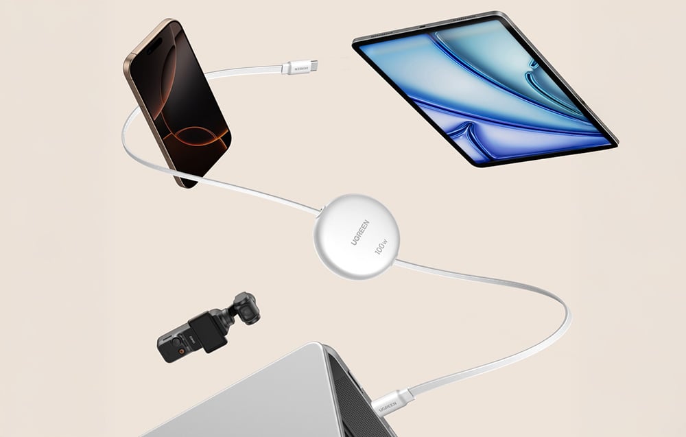 biały kabel Ugreen, tablet, uchwyt, smartfon