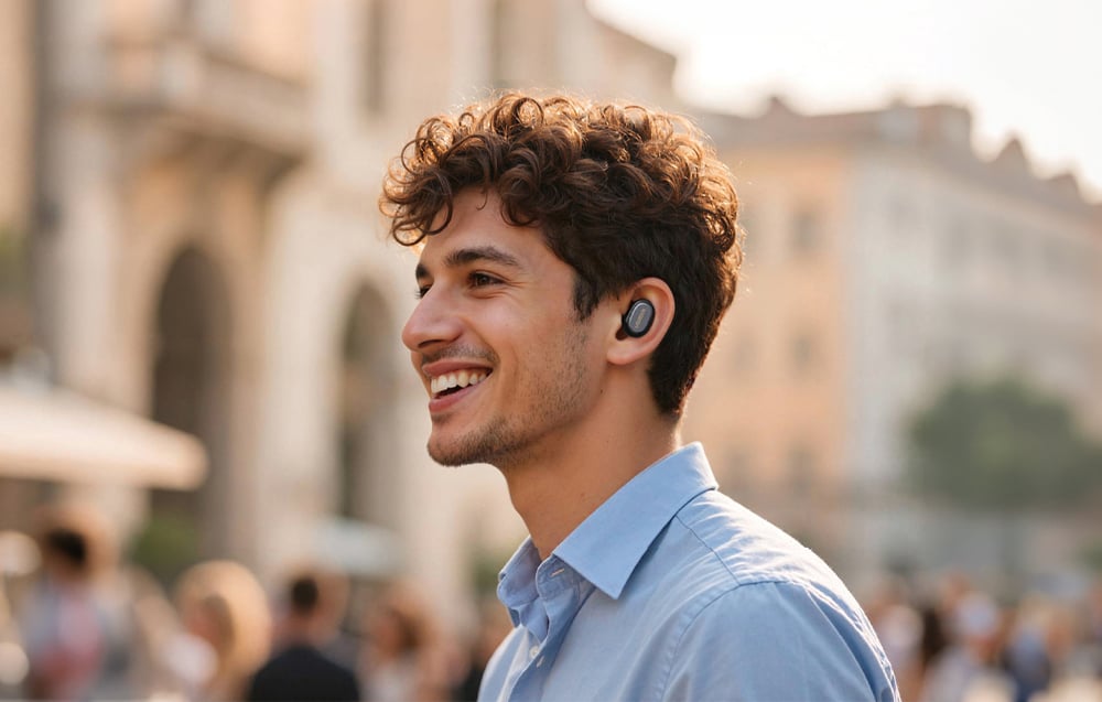 Uśmiechnięty mężczyzna z kręconymi włosami spaceruje po mieście w bezprzewodowych słuchawkach UGREEN.