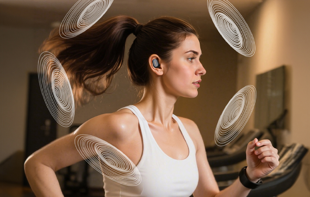 Kobieta biegnie na bieżni w słuchawkach dousznych, wokół niej graficzne kręgi rozchodzącego się dźwięku