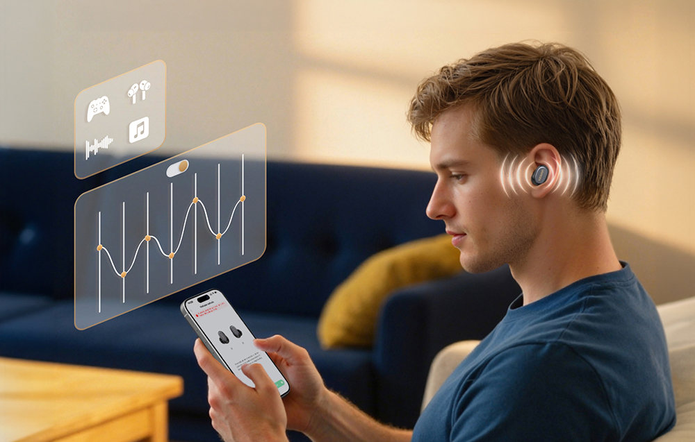 Mężczyzna ustawia korektor dźwięku w aplikacji na smartfonie, połączonym ze słuchawkami bezprzewodowymi.